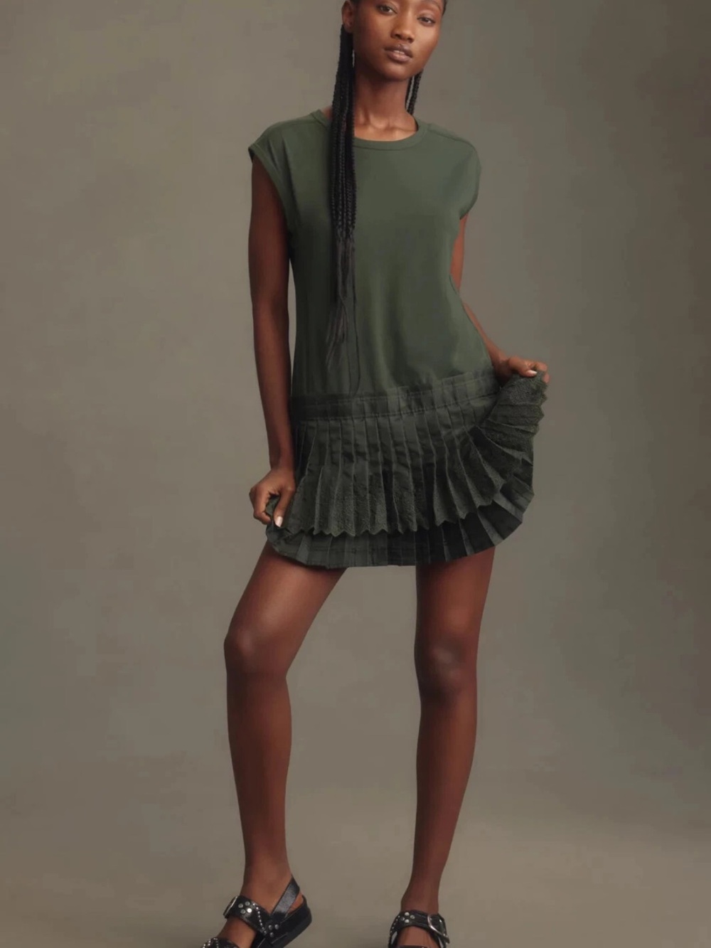 Daily Practice Pleated Hem Olive Green Mini Dress